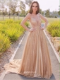 A-line V-neck Glitter Sweep Train Prom Dresses