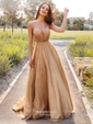 A-line V-neck Glitter Sweep Train Prom Dresses