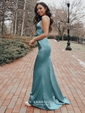 Sheath/Column V-neck Silk-like Satin Floor-length Buttons Prom Dresses