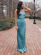 Sheath/Column V-neck Silk-like Satin Floor-length Buttons Prom Dresses